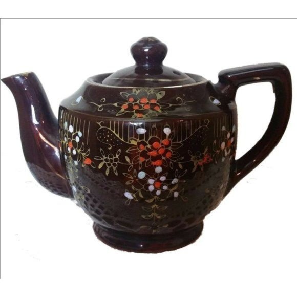 Antqiue Occupied Japan Teapot Brown Glazed Ceramic Hand Painted Flowers - Picture 2 of 12